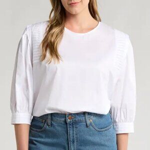 Harshman Delaney blouse top shirt white cotton pleated 3/4 sleeves new Large
